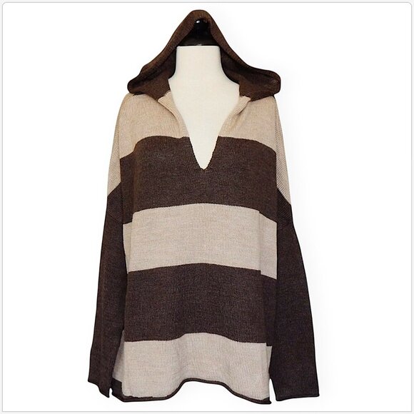 Aqua Brand Nordstrom Brown Beige Stripe Oversized Hoodie Wool Blend Sweater S - Picture 1 of 3